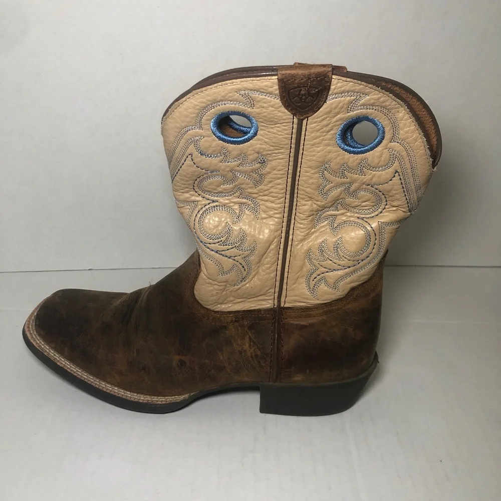 Ariat Brown Leather Kids Western Boots with Cream Shaft and Blue Accents